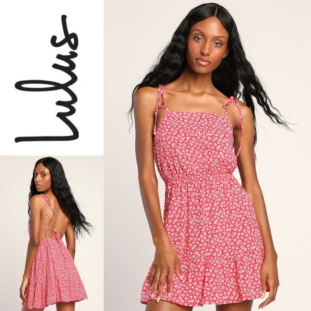 NWT LULUS Daisy About You Red Floral Print Tie-Strap Mini Dress
